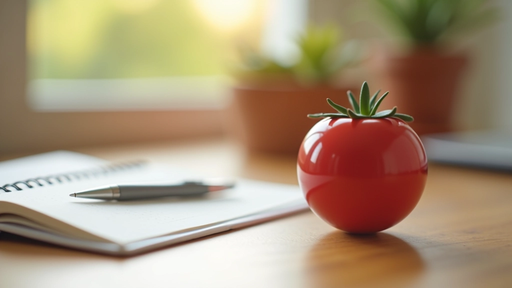 Tomato timer sitting on wooden desk next to notebook and pen with morning sunlight